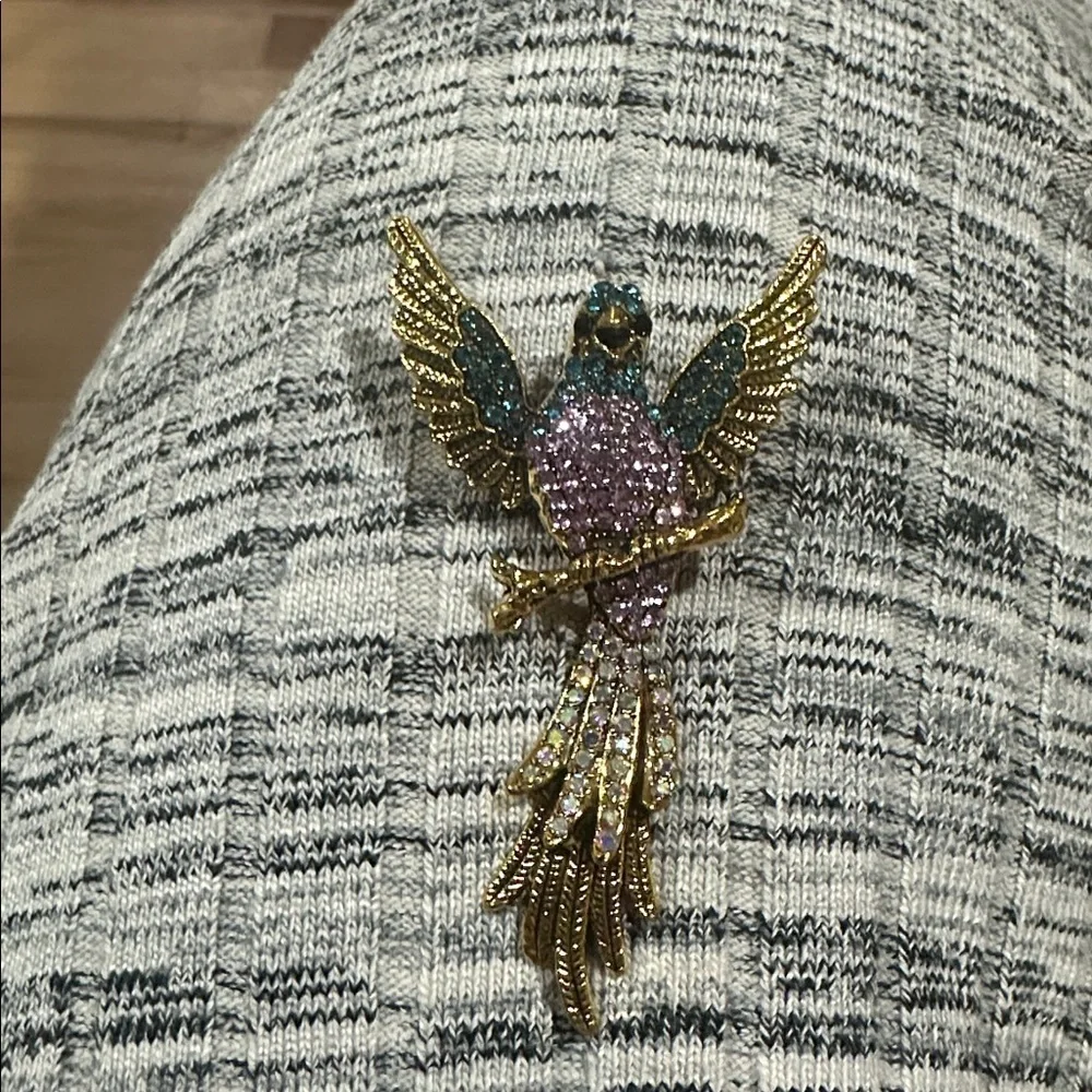 Gold-Tone Parrot Crystal Brooch - Pink & Teal NEW